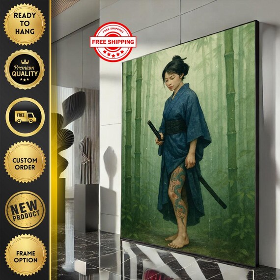 Blue Kimono Samurai Woman Bamboo Forest Katana Tattoo Art Poster
