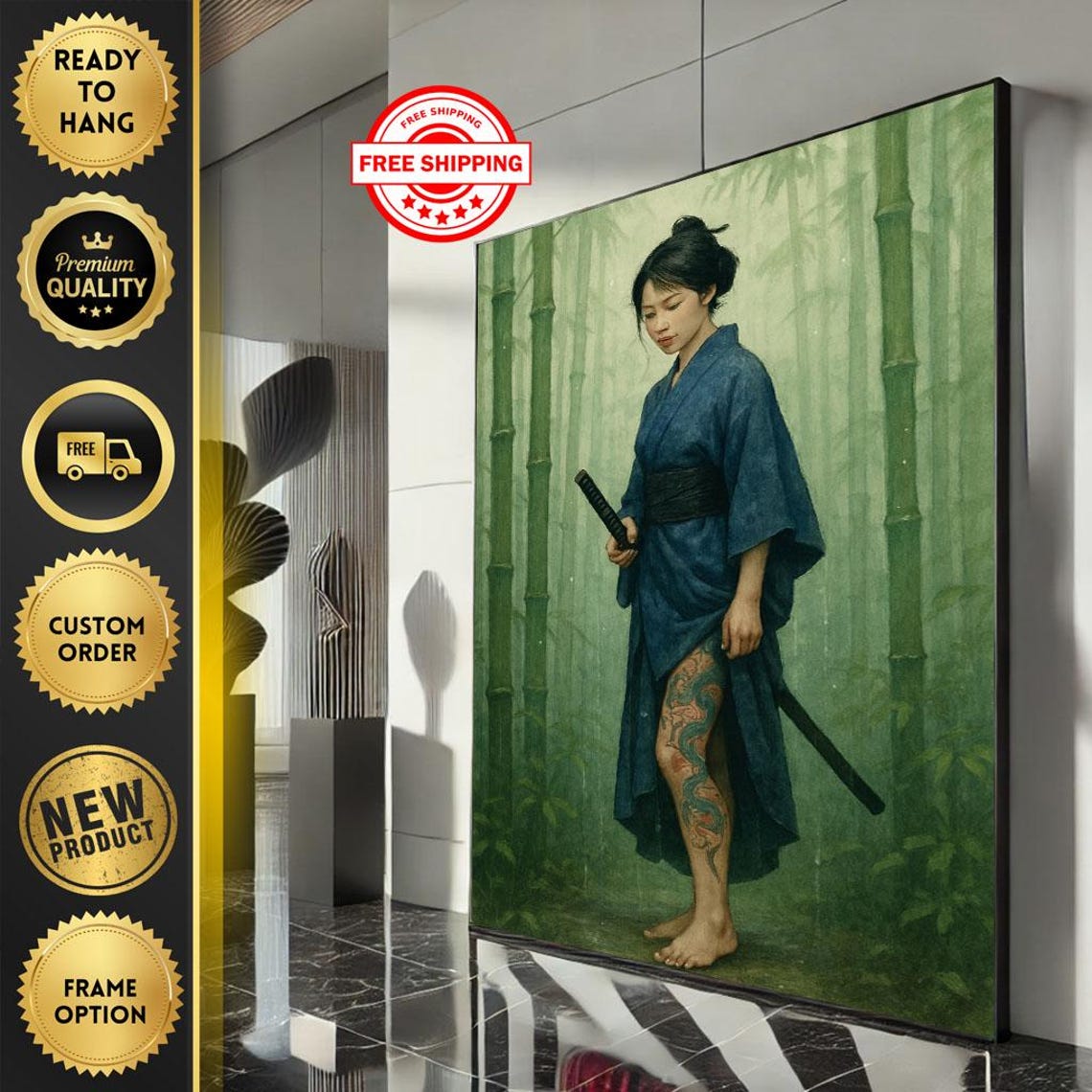 Blue Kimono Samurai Woman Bamboo Forest Katana Tattoo Art Poster