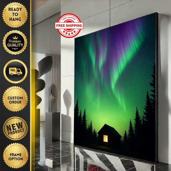 Mystical Northern Lights Canvas Wall Art Print Green And Purple Living Room Decor Ready To Hang Statement Piece