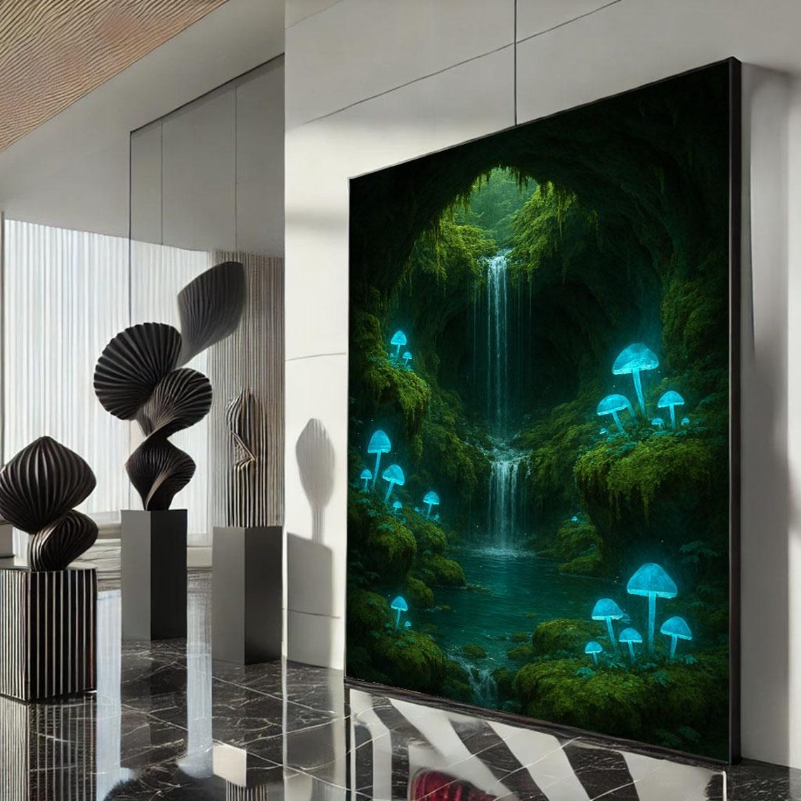 Glowing Blue Mushrooms Waterfall Cave Enchanted Forest Poster