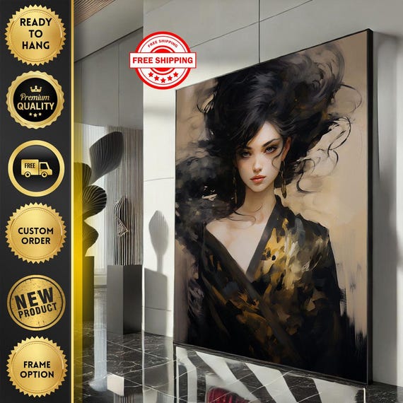 Elegant Modern Woman Portrait Canvas Wall Art Black Gold Living Room Decor Ready To Hang