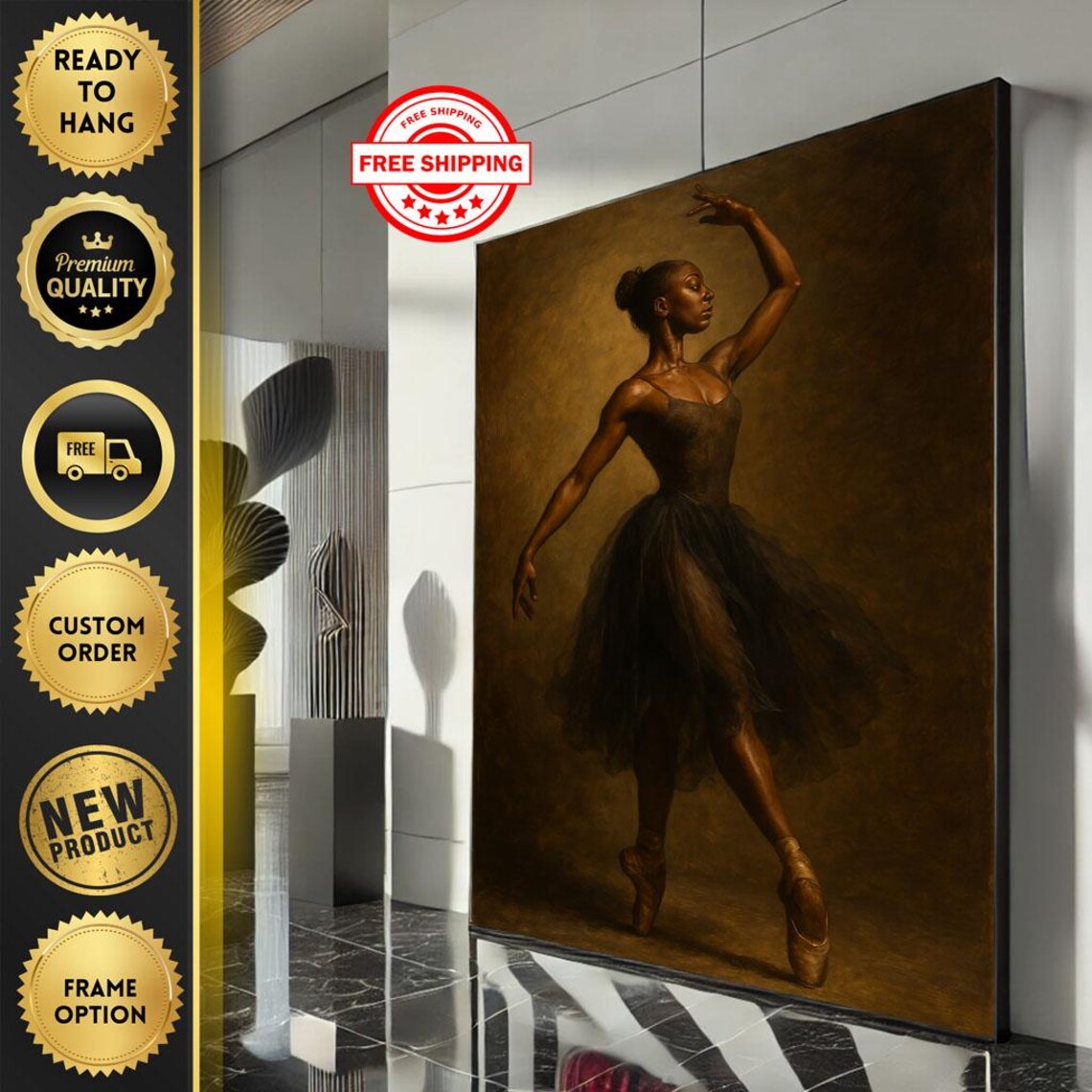 Elegant Black Ballerina Dark Tulle Dress Golden Stage Poster
