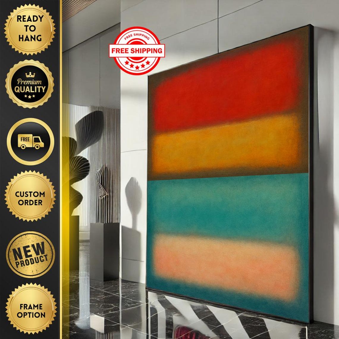 Rothko-Inspired Red Orange and Teal Abstract Color Field Art Poster