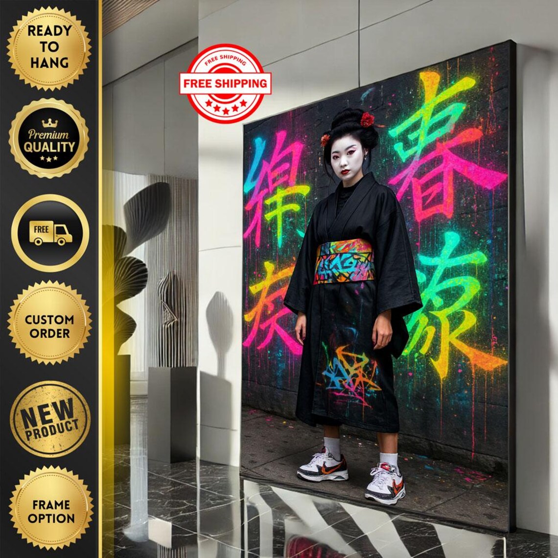 Japanese Geisha Neon Graffiti Street Art Colorful Urban Wall Art