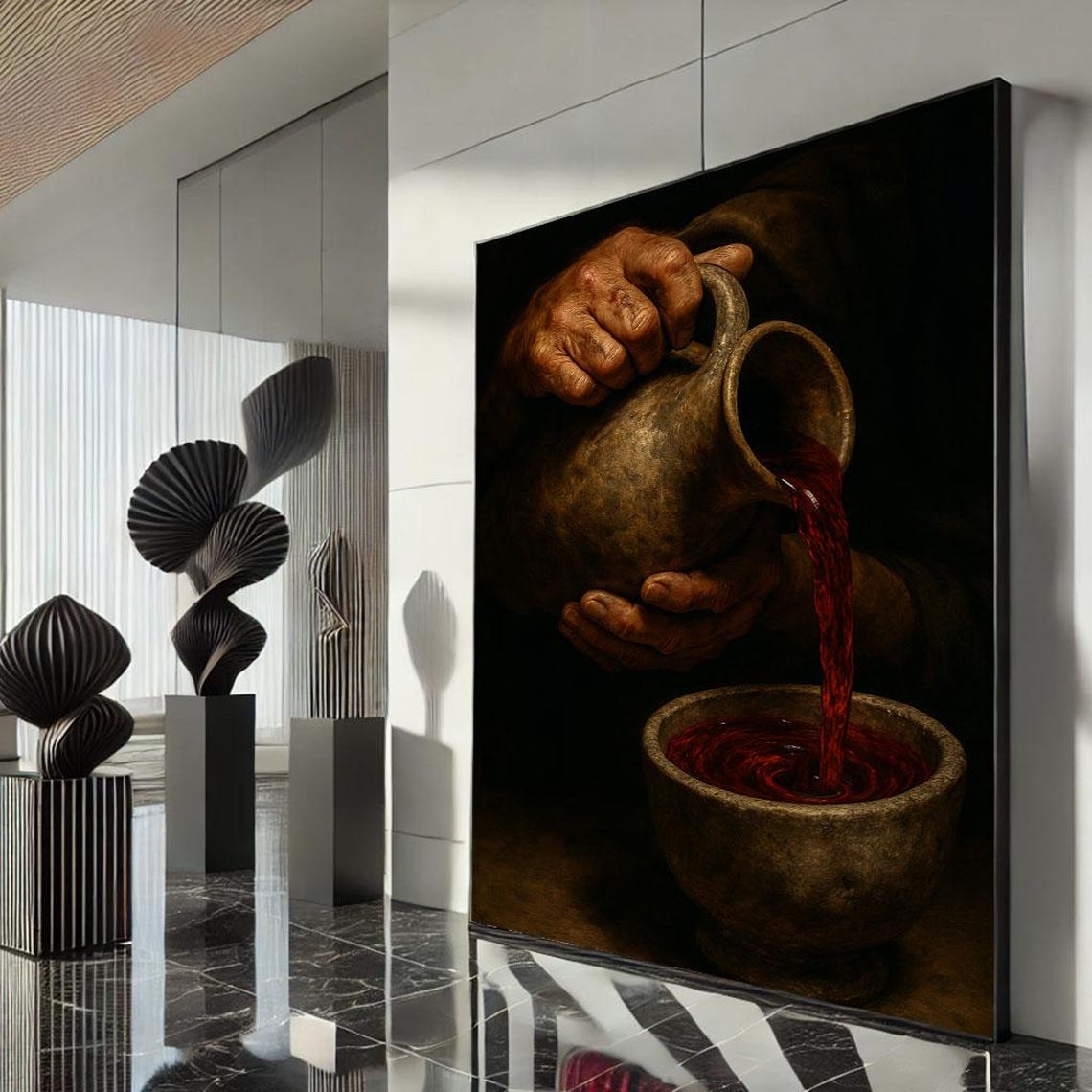 Rustic Hands Pouring Red Wine Clay Pitcher Dark Still Poster