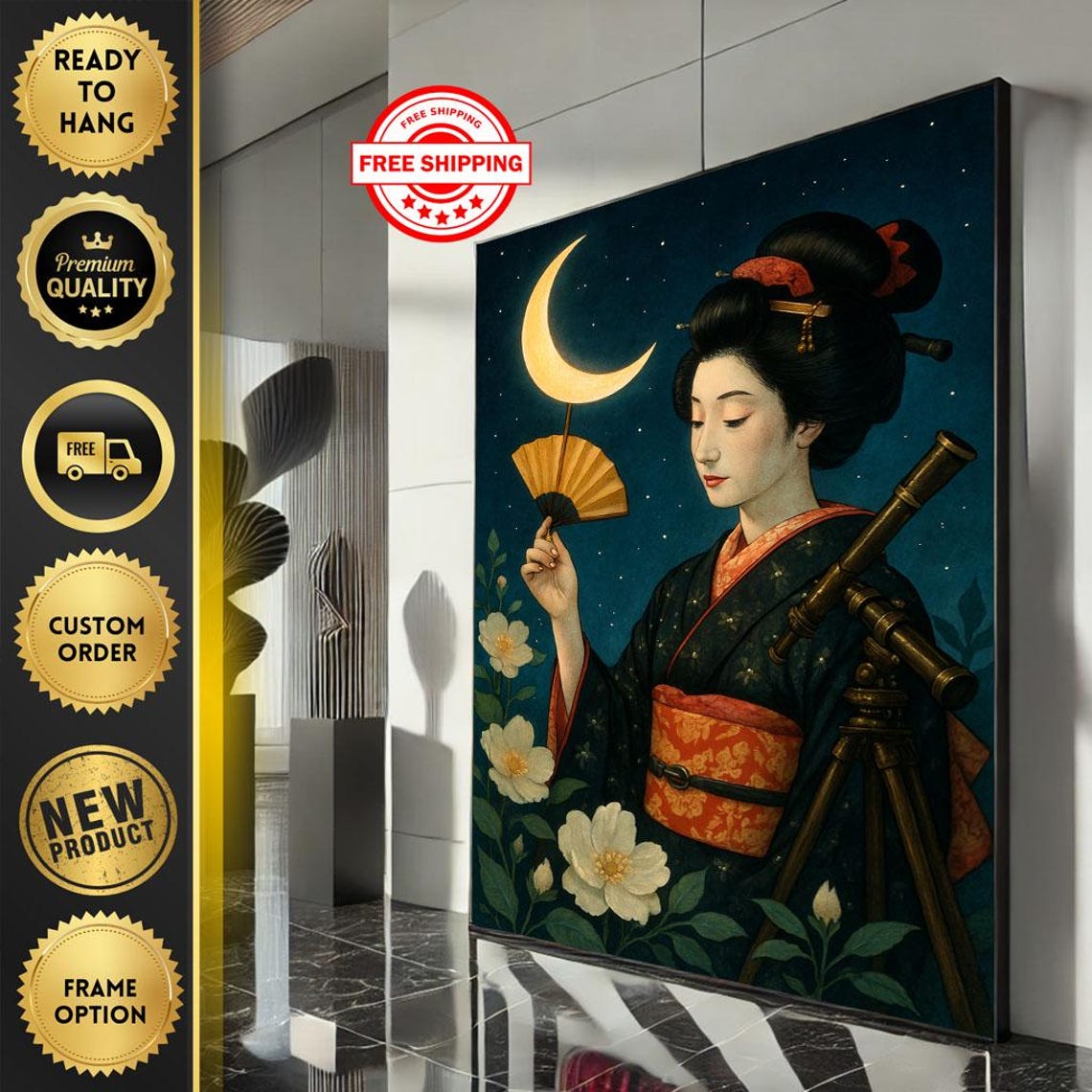 Geisha Stargazing Telescope Crescent Moon Night Floral Poster