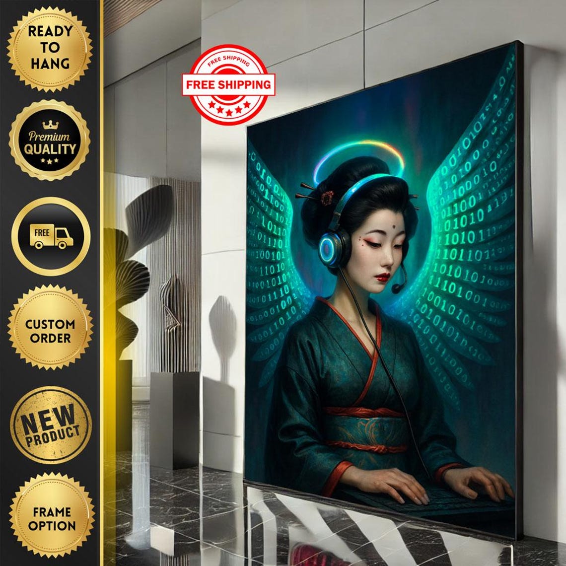 Cyberpunk Geisha Headphones Neon Binary Code Fusion Art Poster