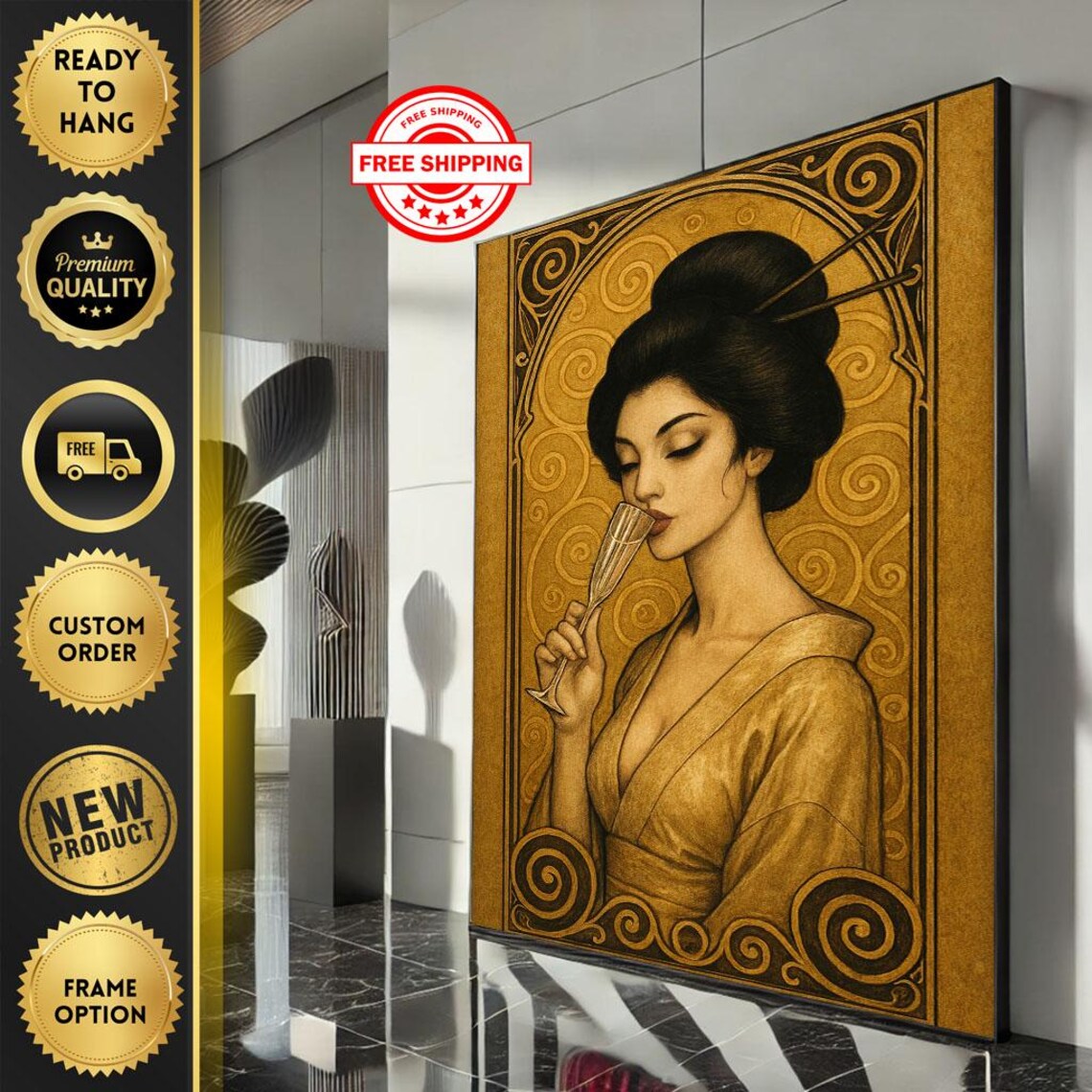Golden Art Nouveau Geisha Sipping Champagne Vintage Glamour Poster