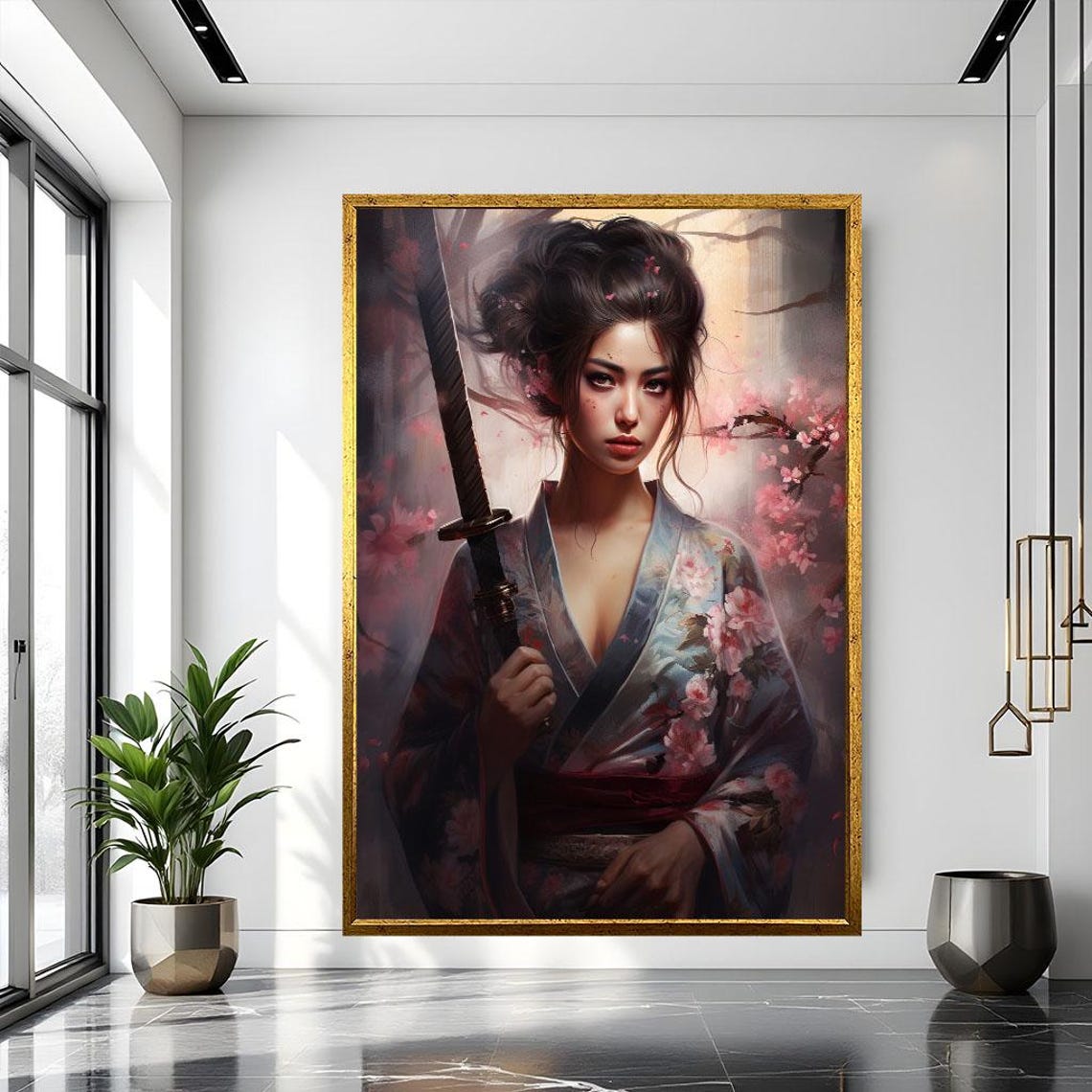 Japanese Warrior Woman with Katana Cherry Blossom Samurai Poster