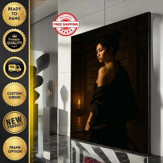 Empowering Modern Woman With Sword Canvas Wall Art Print Dark Tones Living Room Decor Statement Piece