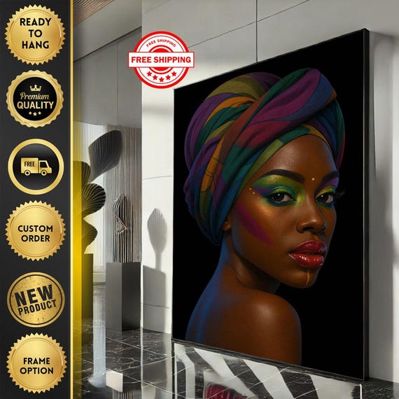 Bold African Woman With Colorful Headwrap Canvas Wall Art Print Vibrant Living Room Decor Statement Piece