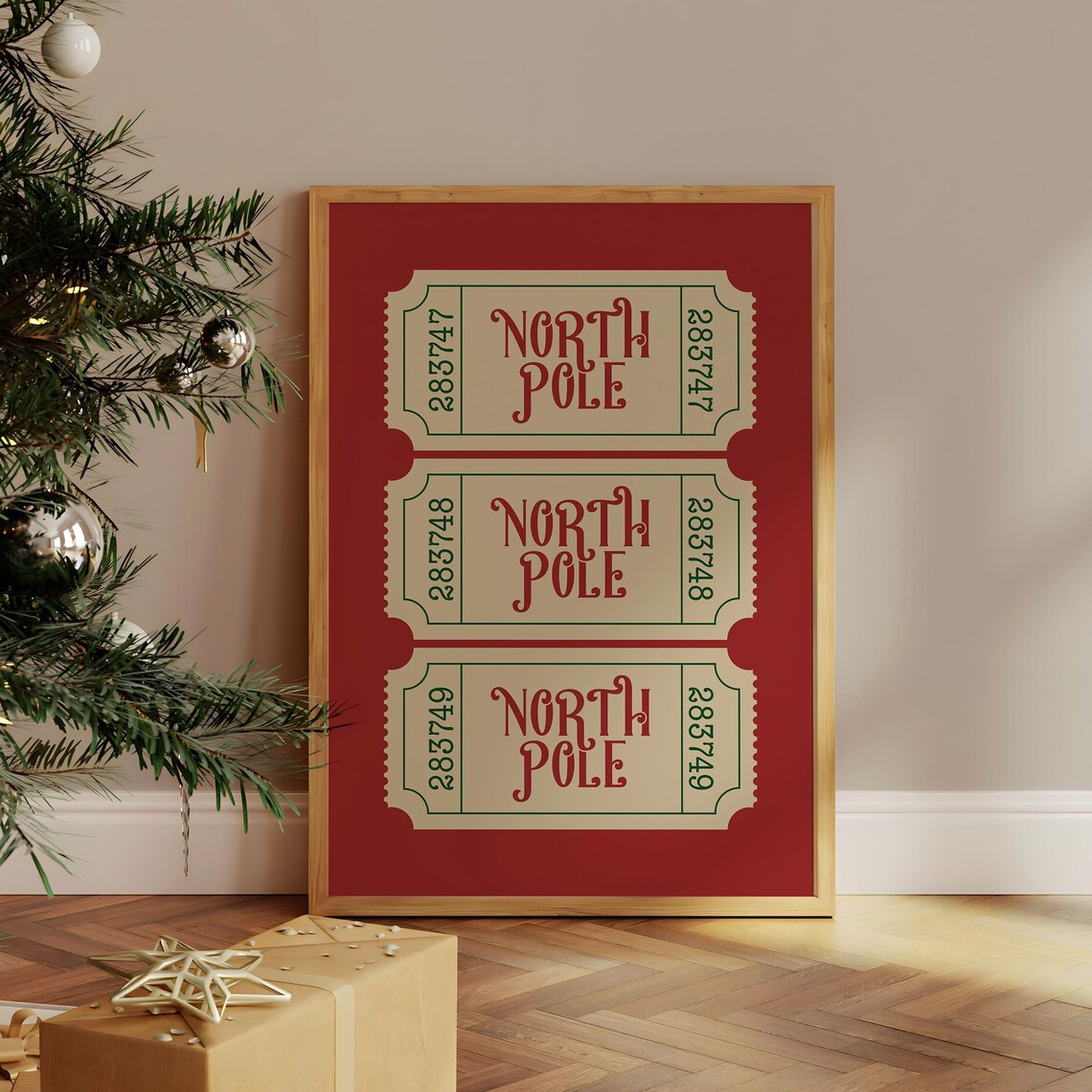 North Pole Vintage Ticket Stubs Retro Red Christmas Holiday Poster