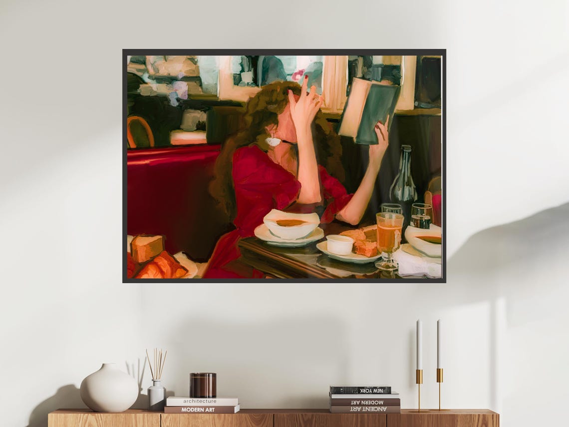 Woman In Red Dress Reading Book At Cafe Painterly Art Poster