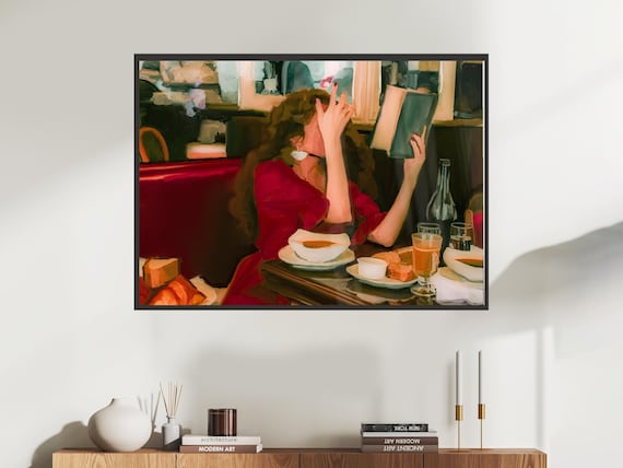 Woman In Red Dress Reading Book At Cafe Painterly Art Poster