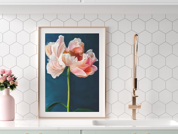 Blush Peony Oil Painting Print Pink Floral Navy Background Art