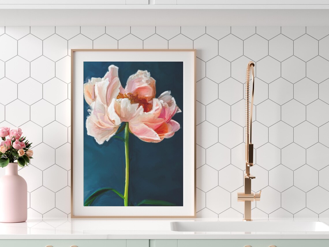 Blush Peony Oil Painting Print Pink Floral Navy Background Art