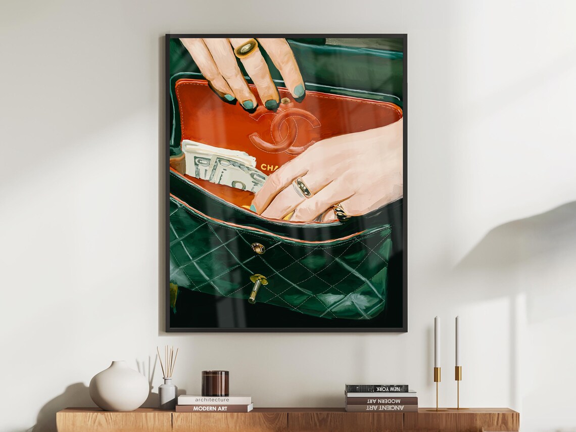 Luxury Quilted Handbag Cash Money Print Glam Fashion Wall Decor