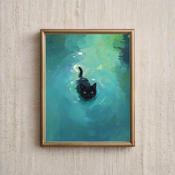 Black Cat Swimming Cute Cat Portrait Art Print