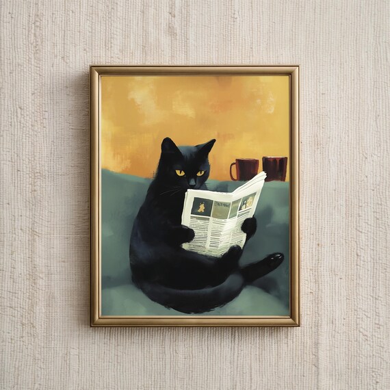 Cat Reading Newspaper, Abstract Beach Decor