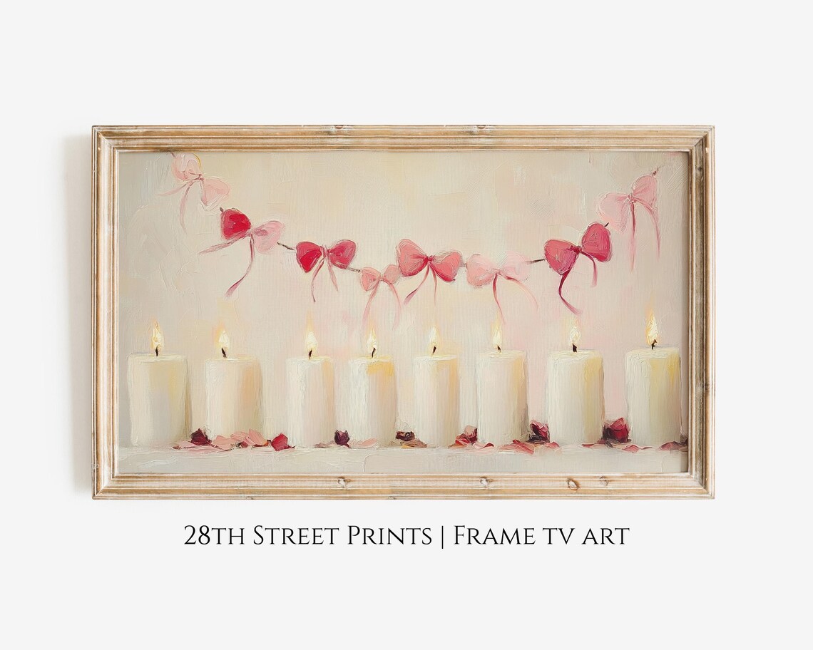 Valentine Candlelight Pink Bow Garland Painting Romantic Love Poster