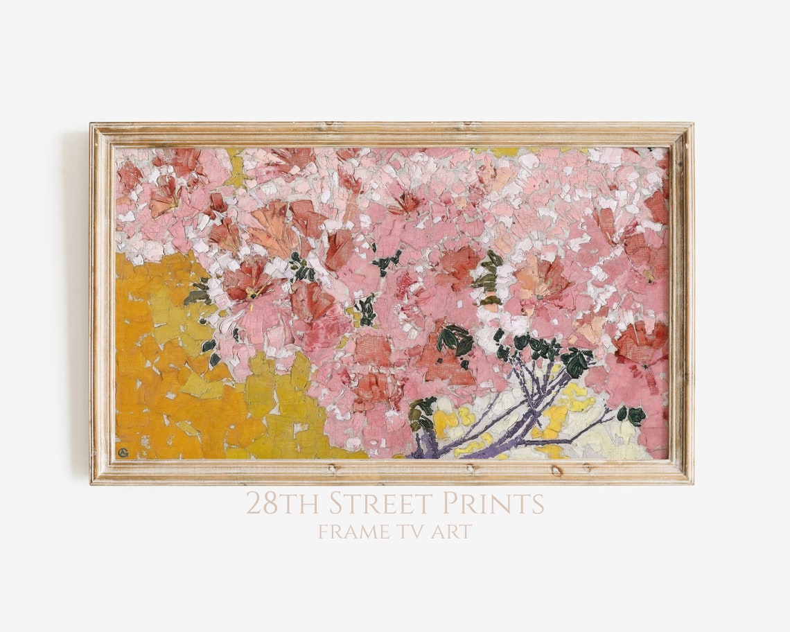 Blooming Azaleas Pink White Blossoms Gold Mosaic Texture Wall Art