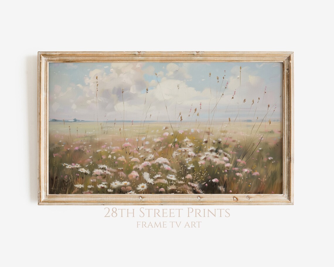 Pink White Wildflower Meadow Tall Grasses Cloudy Sky Spring Painting Art Print