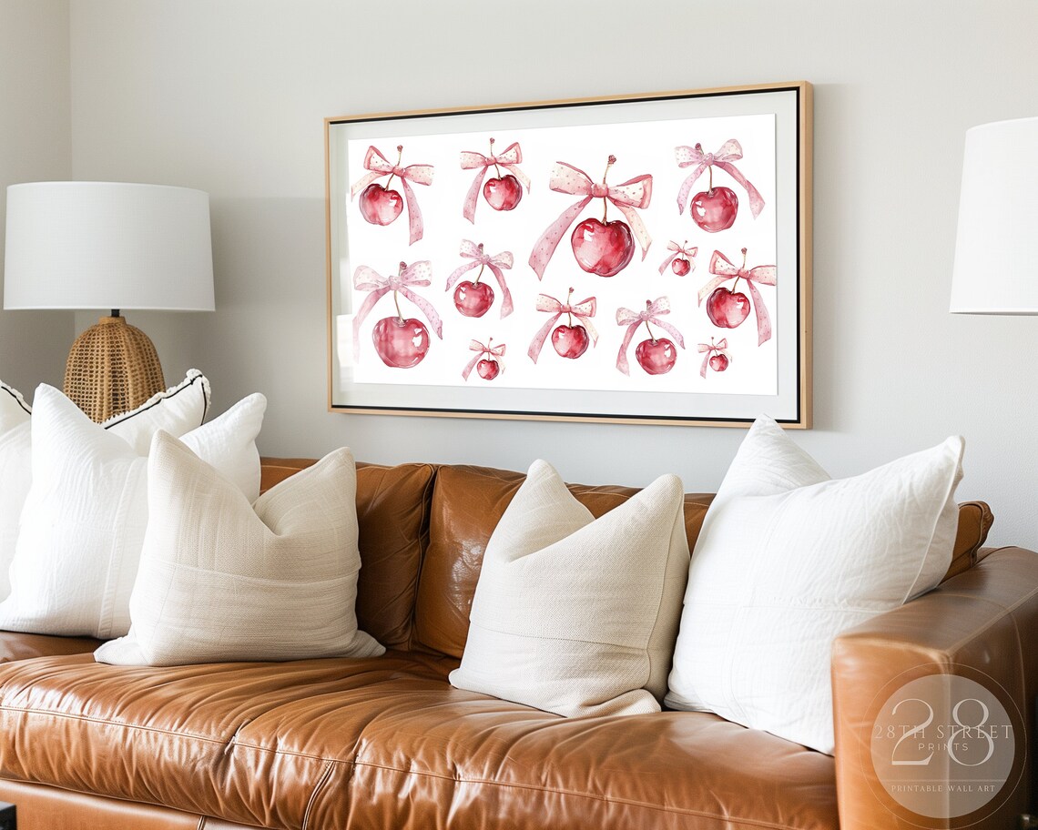Coquette Pink Cherry Watercolor Bow Art Print Trendy Kitchen Poster - Image 3