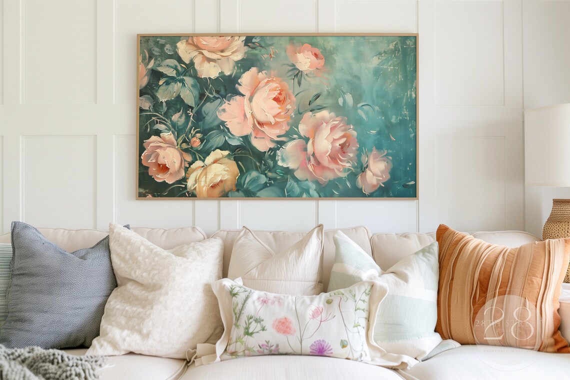 Vintage Pink Roses Dark Teal Foliage Romantic Floral Oil Painting Art Print - Image 2
