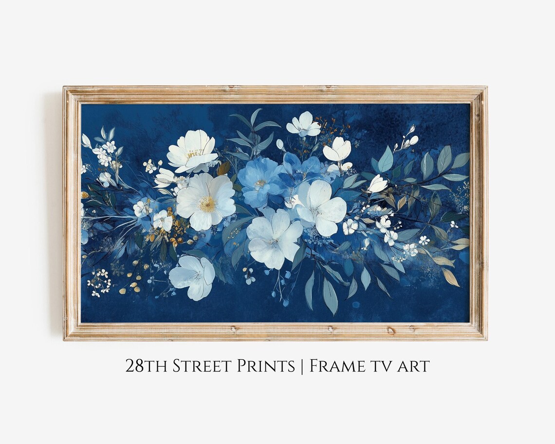 Navy Blue White Floral Garland Painting Gold Accent Botanical Poster