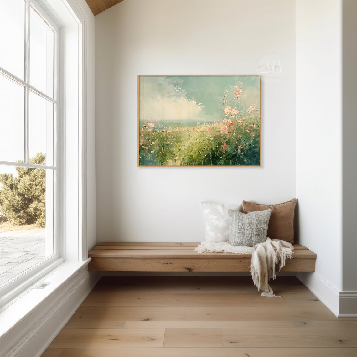 Spring Wildflower Meadow Pink Bloom Teal Sky Oil Style Wall Art - Image 3