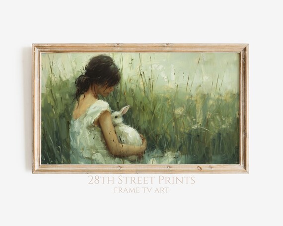Girl Holding White Bunny Tall Grass Green Vintage Spring Painting Art Print