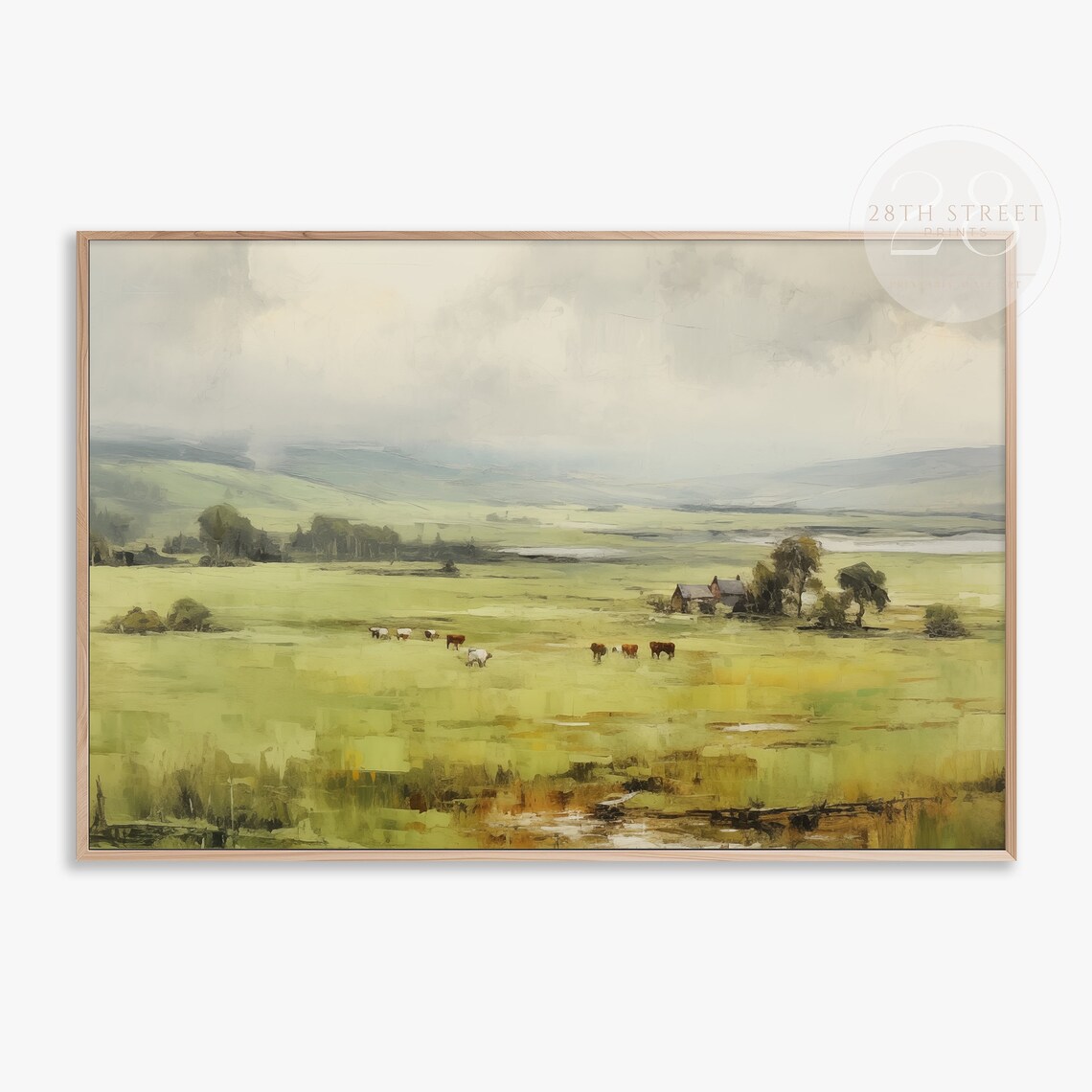 Green Grazing Meadow Cows Farmhouse Rolling Hills Vintage Landscape Art Print