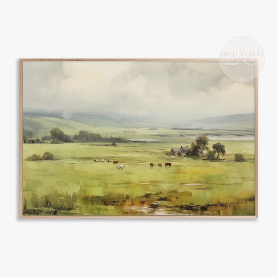 Green Grazing Meadow Cows Farmhouse Rolling Hills Vintage Landscape Art Print