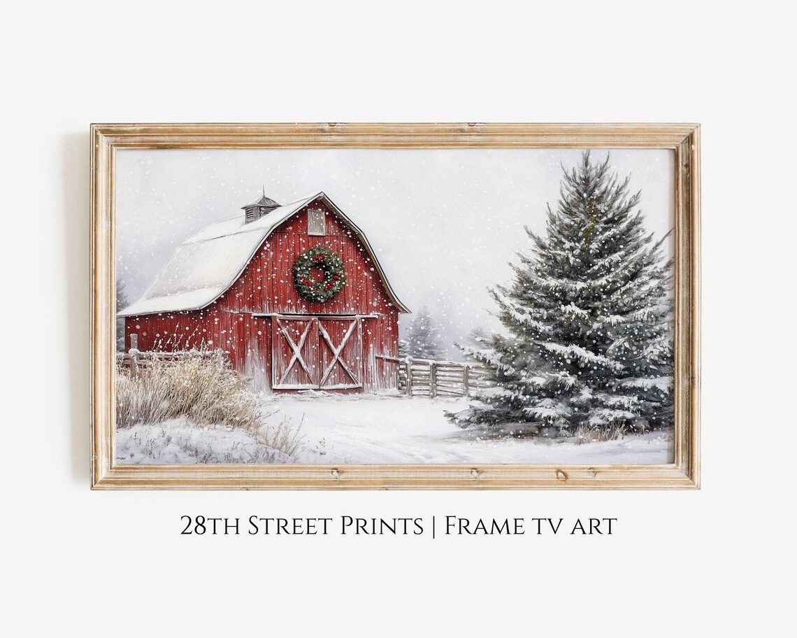 Red Barn Christmas Art Print, Winter Farmhouse