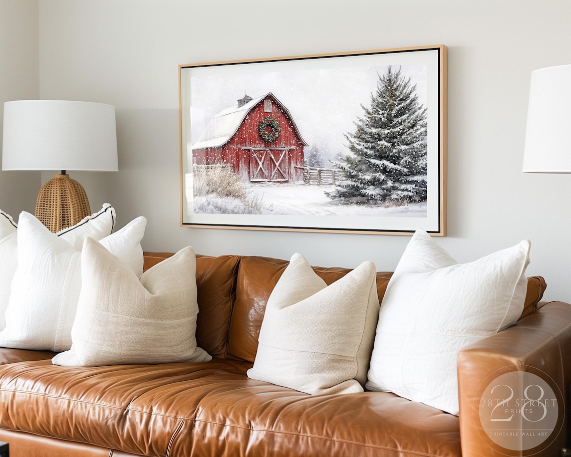 Red Barn Christmas Art Print, Winter Farmhouse - Image 2