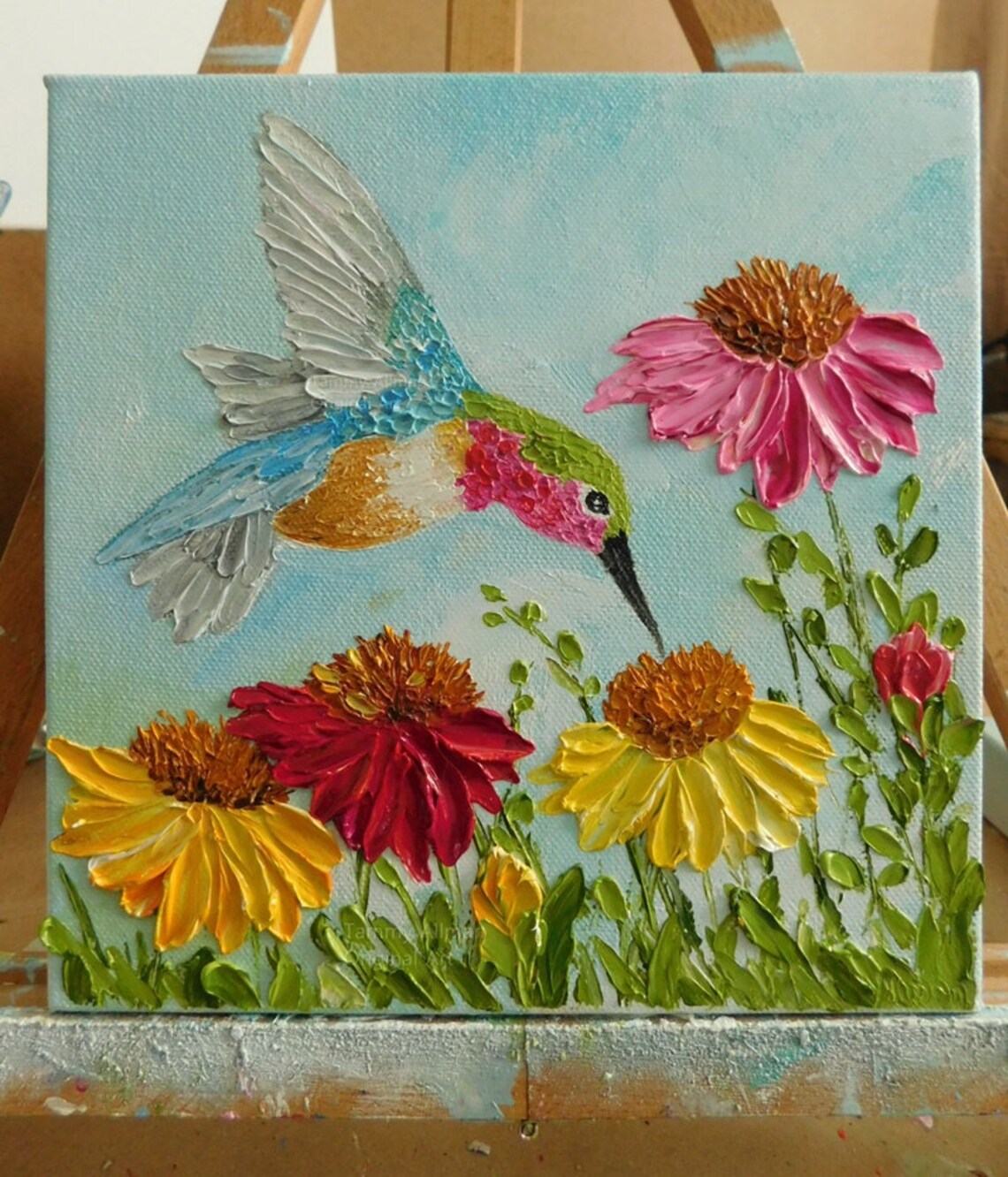 Custom Cone Flowers and Hummingbird Impasto Art Print - Image 4