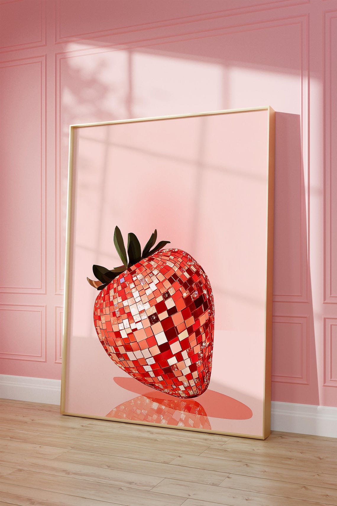 Disco Ball Strawberry Mirror Tiles On Blush Pink Funky Kitchen Poster - Image 3