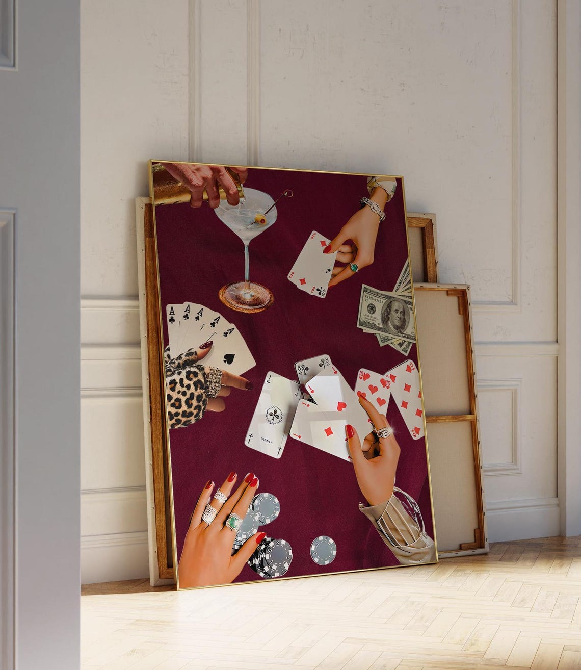 Burgundy Poker Night Playing Cards Martini and Chips Scene Poster - Image 4