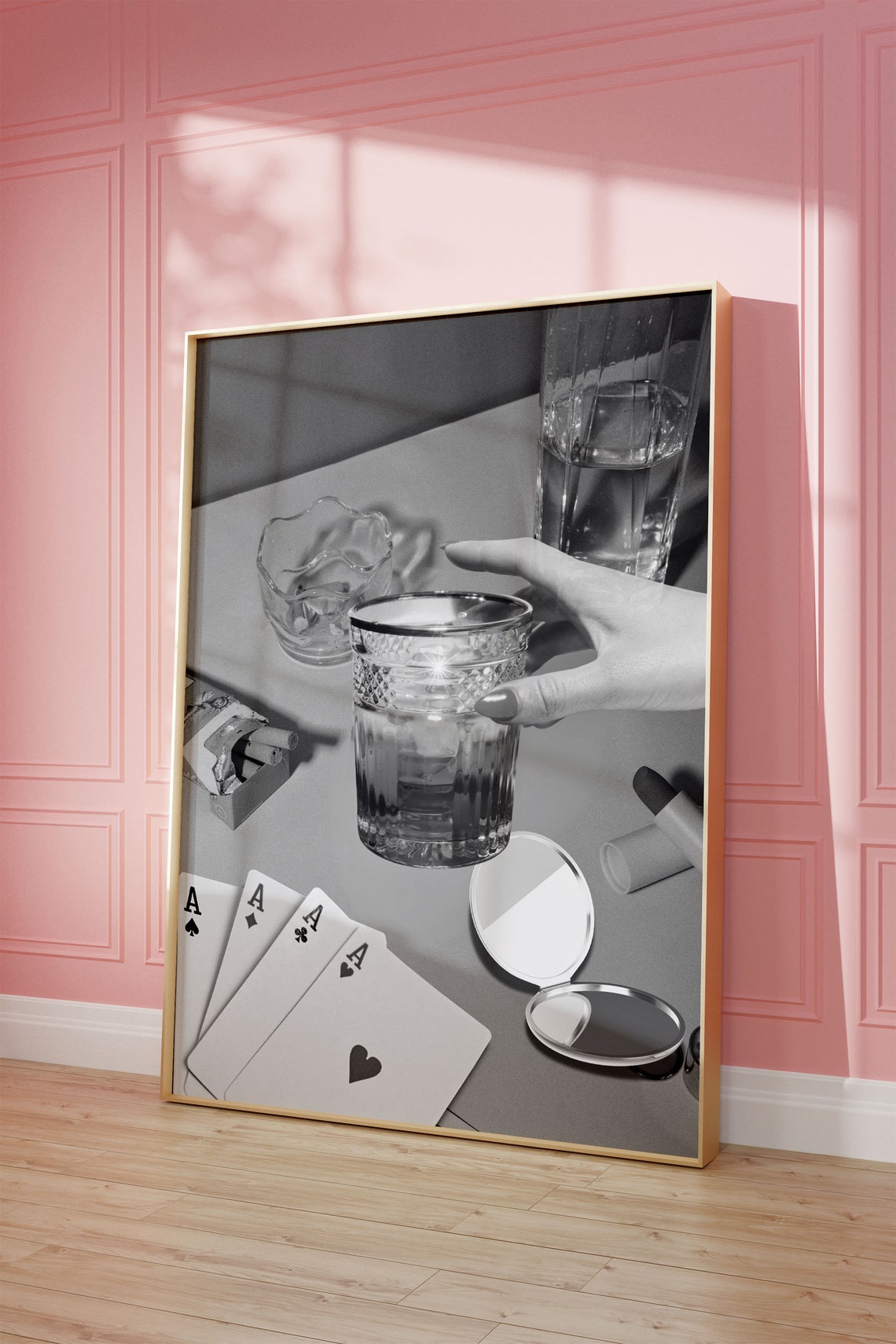Four Aces Cards and Whiskey Glass Black and White Photo Poster - Image 3