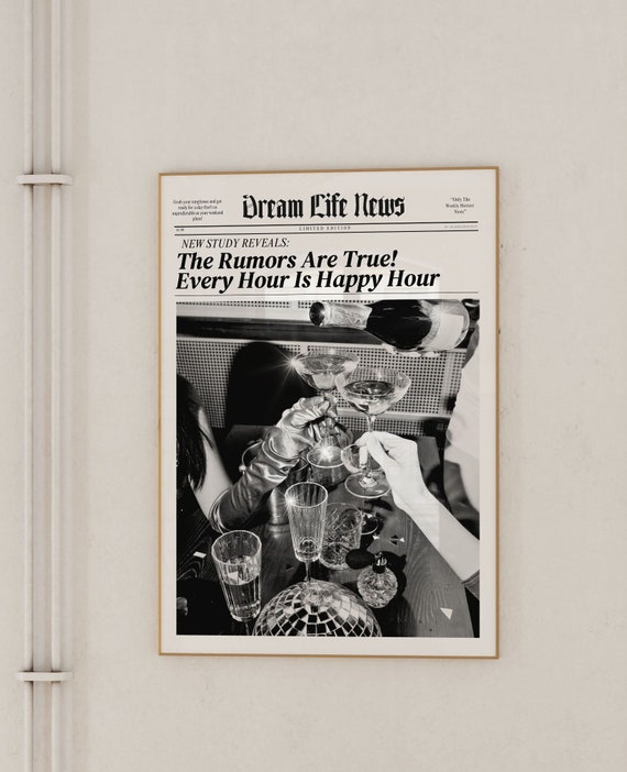 Trendy Prints And Posters Newspaper Wall Art Aesthetic Every Hour Is Happy Hour Vintage Bar Cart Girly Dorm Retro Instant