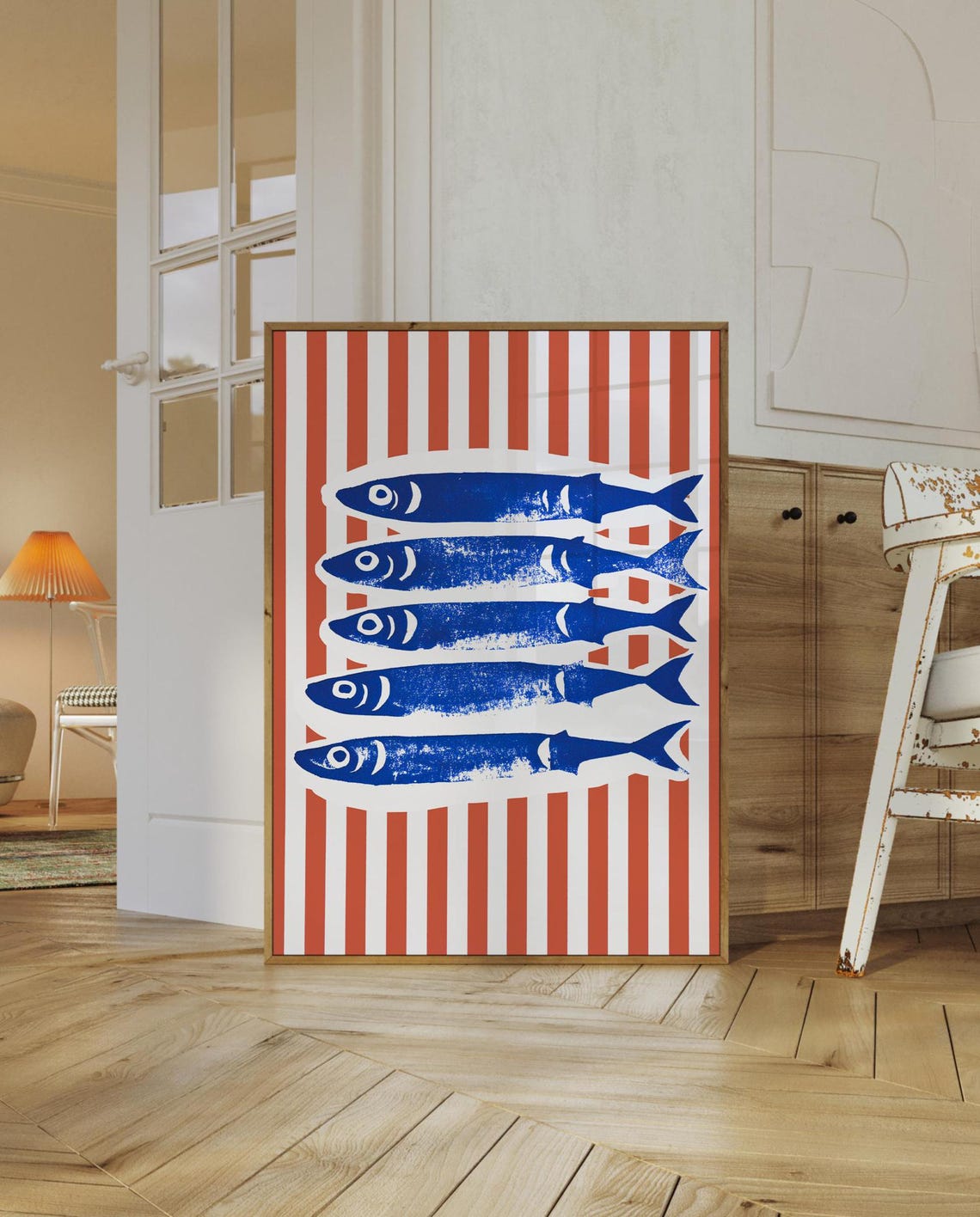 Retro Blue Sardines Poster with Red and White Striped Background - Image 3