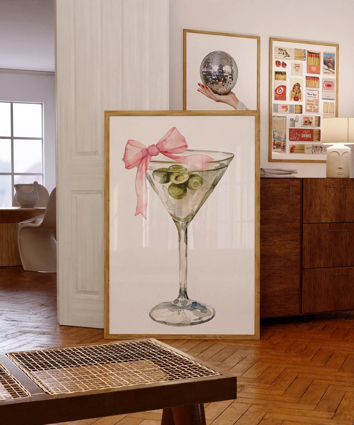 Dirty Martini Watercolor Cocktail Glass With Pink Ribbon Bow Art Poster - Image 3