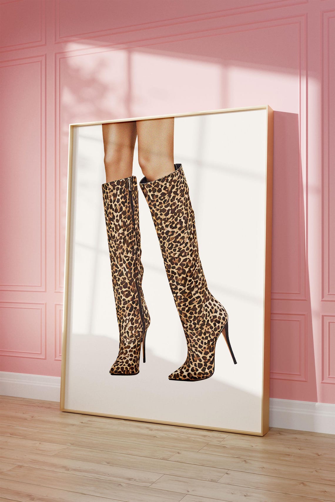 Knee High Leopard Boots Stiletto Heels Trendy Fashion Poster - Image 2