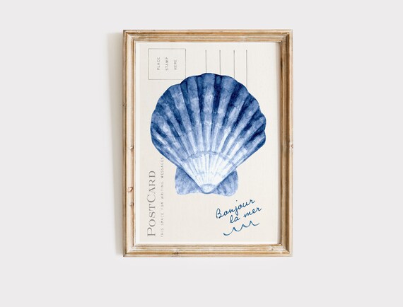 Bonjour La Mer Blue Scallop Shell Postcard Art Print Coastal Beach Decor