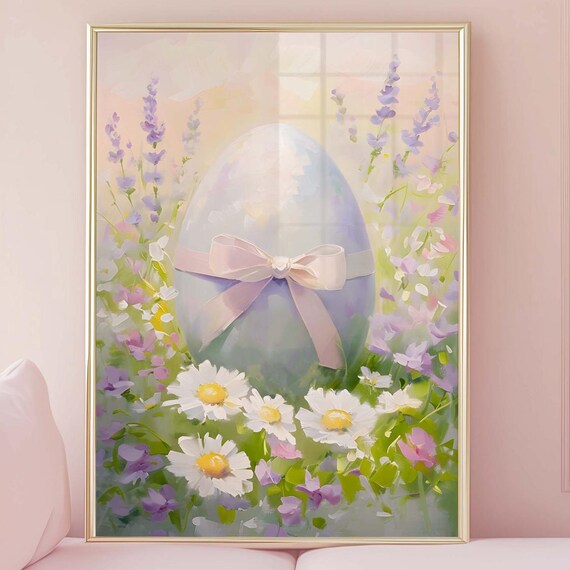 Easter Egg with Pink Bow Watercolor Spring Daisy Flowers Poster