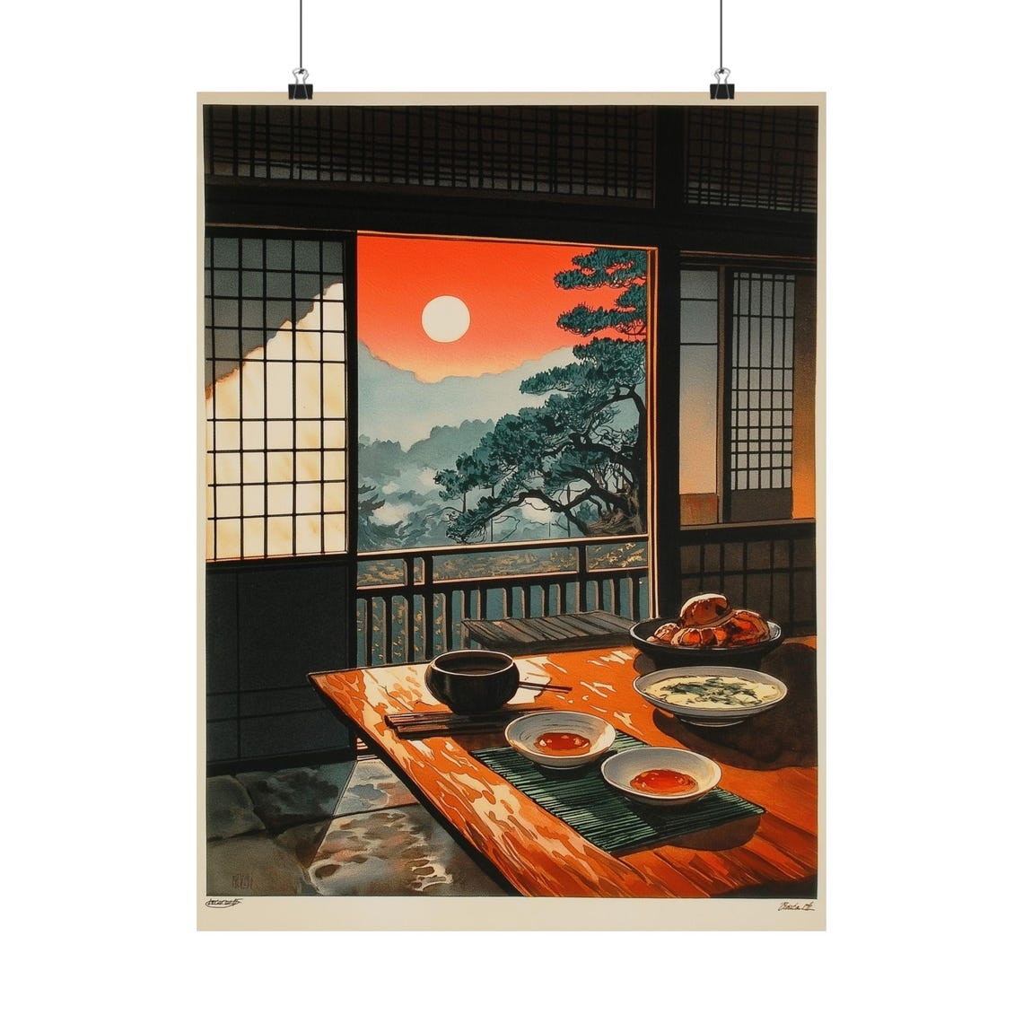 Japanese Sunrise Breakfast Overlooking Mountain Vintage Poster - Image 2