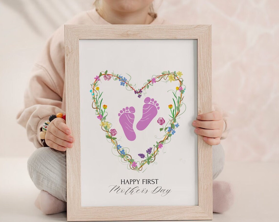 Happy First Mother's Day Baby Footprint Floral Heart Keepsake Poster