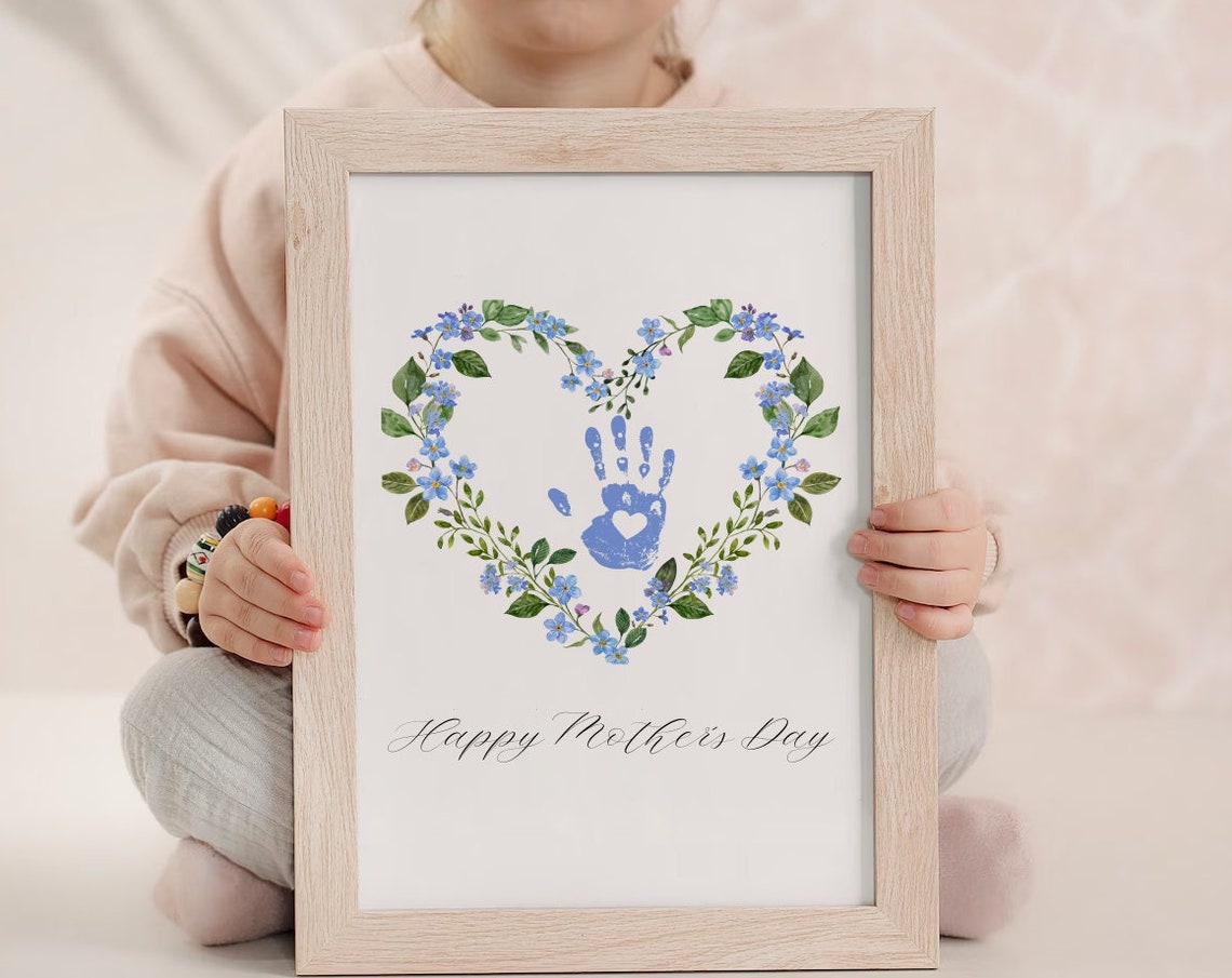 Happy Mothers Day Blue Floral Heart Handprint Keepsake Wall Art