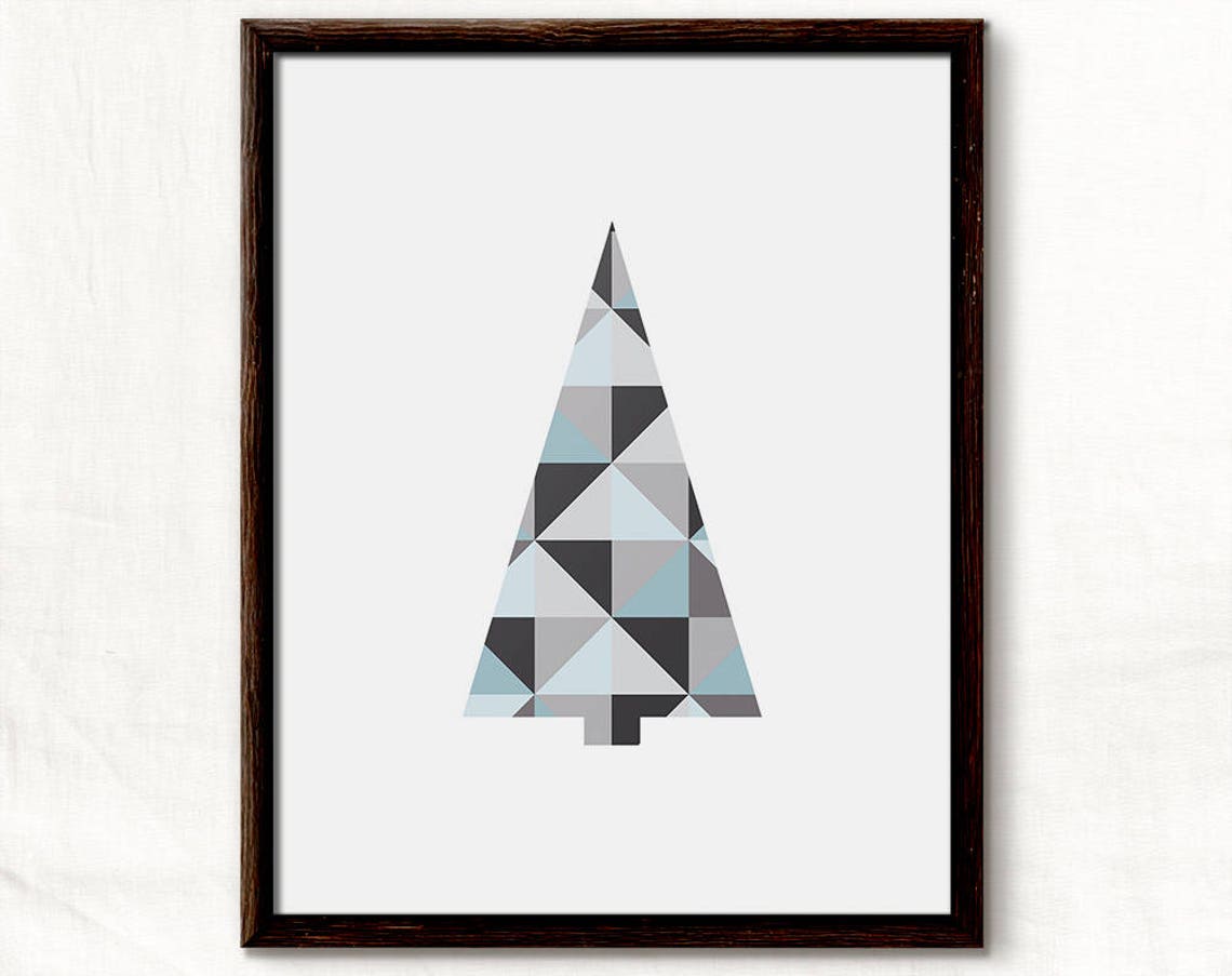 Geometric Patchwork Christmas Tree Gray Blue Modern Art Poster
