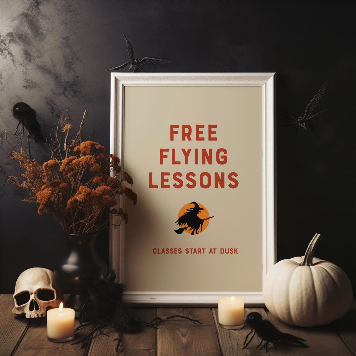 Free Flying Lessons Funny Witch Broom Halloween Sign Art Poster - Image 2